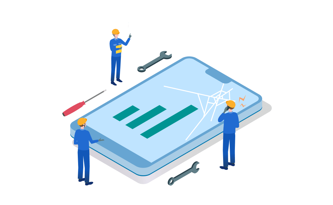 壊れたスマートフォンを修理する作業員のイラスト